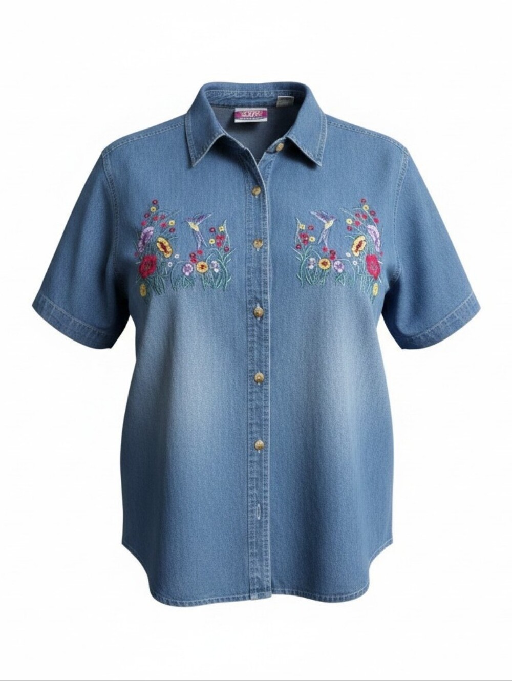 🔴Cool Blues Denim Short-Sleeve Button-Up Top with Floral Embroidery